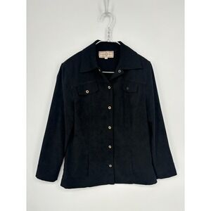 St. John Sport Blouse Womens P 2 Black Button Up Soft Pockets Faux Suede Shirt